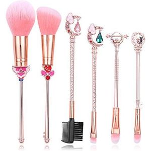 Bswefty Hot Sailor Moon Cosmetische Make-up Borstels Set 8 stks Gereedschap Kit Oogvoering Shader Foundation Poeder Natural-Synthetisch Roze Haar (Handvat Kleur: Rose Gold 6 stuks)