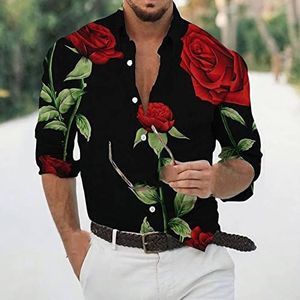 Mens Bloemen Jurk Shirts,Heren Bloemen Shirt Button Down Shirts Drie Rode Rozen Patroon Zwart Mannen Romantische Losse Lange Mouw Shirt Van Toepassing Op Wedding Party Prom Performing Concert, S