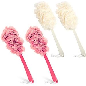 Evmliy Loofah sponsborstel exfoliërend lichaam, lange steel scrub borstel voor douche met luffa op een stok voor achtergebruik, badaccessoires lichaamsborstels (4 stuks)
