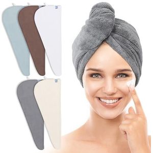 TENSTARS 5 stuks dikke microvezel haarhanddoek wrap voor dames - elastisch lusontwerp - 320 g/m² koraal fluweel - sneldrogende haartulband - 28 x 61 cm (crème+wit+bruin+licht groenblauw+grijs, 5