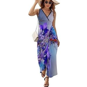Paarse bloem lieveheersbeestje maxi-jurk voor vrouwen mouwloze lange zomerjurken strandjurken A-lijn M