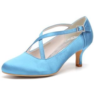 KYEGLO Ronde Neus, Lage Hak, Sexy Geklede Schoenen, Dames Satijnen Sandalen Met Gesloten Neus En Bandjes Voor Dames, Perfect Voor Bruiloften,Sky blue,39