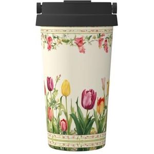 Kleurrijke Tulpen Print Reizen Koffie Mok Lekvrije Thermos Mok Geïsoleerde Tumbler, voor Kantoor Camping