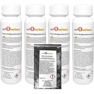 well2wellness® Sauna-opgietset, 4 x 125 ml 'houts' met sparrennaald, Alaska-grenen, cederhout, sandelhout + gratis 10 g mentholkristallen