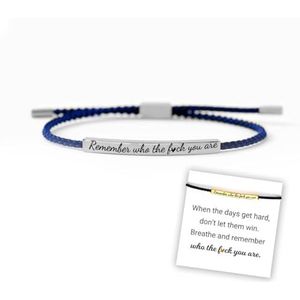 Remember Who The F You Are Motivational Tube Bracelet, Adjustable Hand Braided Wrap Tube Bracelet, Inspirational Bracelets Jewelry Gifts for Women Girls Best Friend Teen (Blue-Silver)
