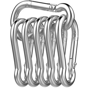 Uootach 6 stuks karabijnhaken, veerkarabijnhaak van roestvrij staal 304, lente gesloten 60 x 30 x 5,9 mm, veilig draagvermogen 140 kg, karabijnhaak voor hangmatten, kamperen, vissen, luifels (zilver)