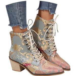 Korte Veterlaarzen Dames Chelsea Enkellaarsjes Retro Ankle Boots Met Bloemenborduursel Puntige Neus Laarsjes Met Blokhak Elegante Enkelschoenen for Feestjes(Blue,43 EU)