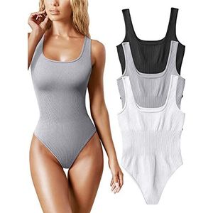 Aideux 3-delige mouwloze dames bodysuits, vierkante hals shapewear tanktops en geribbeld afslankend bodysuit - sexy en naadloze bodysuit, Zwart Grijs Wit, S