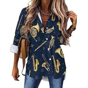 Saxofoon Trompetten Muziek Goud Vrouwen Casual Shirt Button Down Lange Mouw V-hals Blouses Tuniek voor Leggings