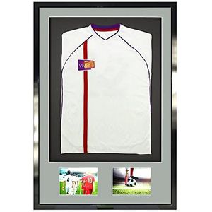 Vivarti DIY Junior 3D gemonteerd + dubbel diafragma sportshirt display frame voor voetbalshirt, rugby shirt, band T-shirt schaduwdoos - 59,4 x 84 cm - glanzend zwart frame, zilveren houder, zwarte