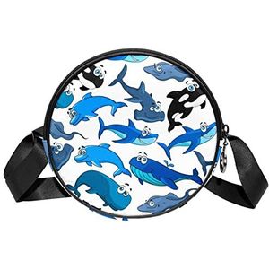 Messenger Bag Cartoon Shark Dolphin Blauw Zwart Crossbody Tas voor Vrouwen Rond, Meerkleurig, 6.7x6.7x2.3 in, Sling Rugzakken
