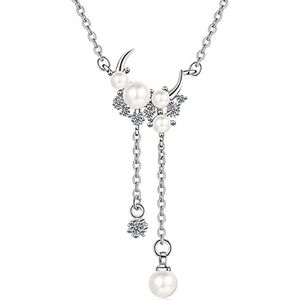 Parelkettingen， 925 sterling zilver delicate maan lange kwast hanger ketting parel charme sleutelbeen ketting for dames (Color : Silver Color, Size : 40cm and 3.5cm)