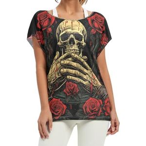 Abstracte Skull Rose korte vleermuismouwen shirt ronde hals T-shirts losse tops voor meisjes, Patroon, M