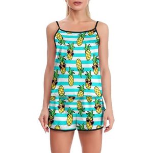 Tropic Cartoon Trendy Ananas Grappige Pyjama Set Voor Vrouwen Verstelbare Tank Top En Shorts Homewear Gedrukt