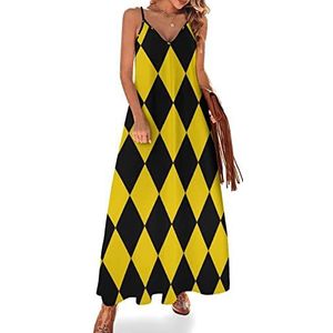 Geel en zwart ruitpatroon dames zomer maxi-jurk V-hals mouwloze spaghettiband lange jurk