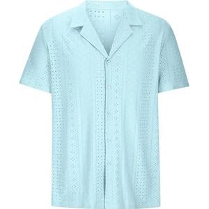 UBOHUZ Mannen Korte Mouw Shirt Zomer Mannelijke Turn Down Kraag Effen Kleur Business Shirt Tops Mannen Casual Drape Uitgesneden Kant voor Vrije tijd, Blauw, 3XL