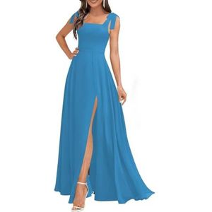Chiffon bruidsmeisjesjurken voor dames, met spleetplooien, formele avondjurken, grote maten, Oceaan Blauw, 32