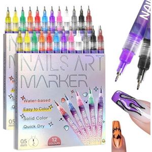 Hueborne 12-kleuren Nail Art Pen Set: 0,5 Mm Fijne DIY Nail Art Pennen, Geschikt For Volwassenen, Snel Drogende Acrylverf Pennen, Geschikt Om Te Tekenen, Stippelen En Schilderen.(2 Sets)
