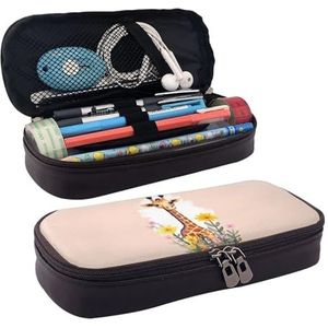 RLDOBOFE Etui Lederen Potlood Pouch Grote Capaciteit Briefpapier Tas Met Compartimenten Dubbele Rits Cartoon Giraf en Bloemen Potlood Box Organizer voor Mannen Vrouwen Potlood Houder voor Kantoor Werk