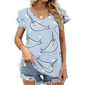 Manatee And Dots Graphic Blouse Top Voor Vrouwen V-hals Tuniek Top Korte Mouw Volant T-shirt Grappig