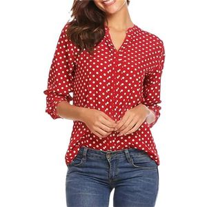Dames lente herfst V-hals bedrukt lange mouwen T-shirt dames mode casual elegante pullover shirt tops, Rood, S