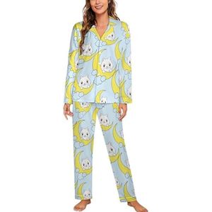 Leuke kat op de maan pyjama sets met lange mouwen voor vrouwen klassieke nachtkleding nachtkleding zachte pyjama loungesets