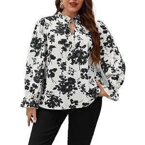 damestop in grote maten Plus blouse met bloemenprint en gestrikte hals en volantmouwen (Color : Black and White, Size : 0XL)