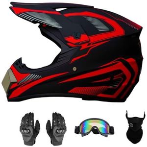 Senhill Motorcrosshelm, offroad, ATV, dot helm, dirtbike, uniseks, jeugd, motorhelm met handschoenen, bril masker (rood, M)