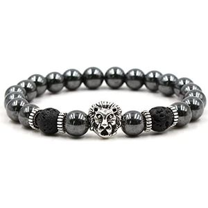 Handgemaakte kralenarmband, Gepolijste zwarte steen met zilverachtige China Lion Lava Stong Spacer Chakra armband Stretchble WomenmensJewelry cadeau for verjaardagsfeestje