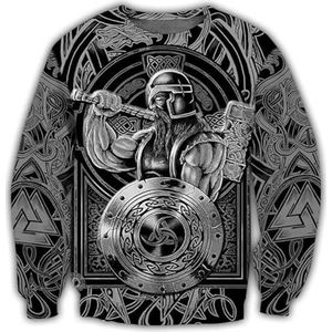 Noorse Mythologie Odin Warrior Sweatshirt, Nieuwigheid Harajuku 3D Full Body Gedrukt Thor Hammer Tattoo Helm Hoodie, Middeleeuwse Viking Pagan Big Pocket Jacket (Color : Round Neck Hoodie, Size : XL