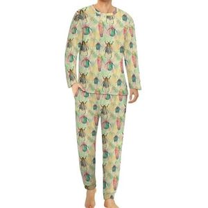 Kevers gele comfortabele herenpyjama set ronde hals lange mouwen loungewear met zakken 4XL