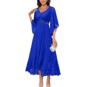 KURFACE Jurken voor dames, V-hals, moeder van de bruid met mouwen, kanten applicatie, chiffon, formele avondjurk, koningsblauw, 32