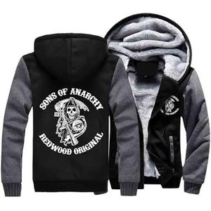 Winter Heren Dikke Hoodies voor Anarchy Sons Graphics, Volledige Rits Warme Capuchon Sweatshirt Lange Mouw Winddichte Jassen met 2 Zakken,Dark Grey-L
