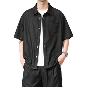 OHERUWKLS Heren Zomer Dunne Amerikaanse Retro Losse Denim Shirt Vijfpunts Mouw Cardigan Jas,zwart,3XL