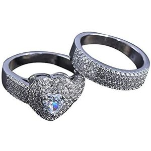 Liefde Volledige Diamant Ring Zirkoon Set Europese en Amerikaanse Plating Wit Goud Verlovingsring Vrouwelijke Handstuk Mannen Ringen Set, C, Eén maat