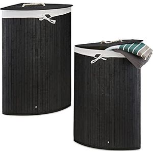 Relaxdays 2x wasmand bamboe - wasmanden met deksel - driehoek - 63 L - zwart
