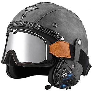 Retro Motorfiets Open Helm Met Bluetooth Jethelm Met Bril Volwassen Crash 3/4-helmen ECE-goedgekeurd Helmen Voor Heren En Dames Met Halve Dek Bromfiets Scooter Cruiser 10,M(57-58CM)