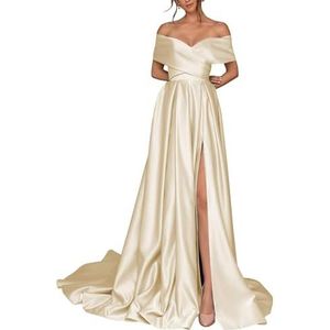 BRIGOW Satijnen bruidsmeisjesjurk voor dames, met split, galajurken, plooien, cocktailjurk, grote maten, Champagne, 32
