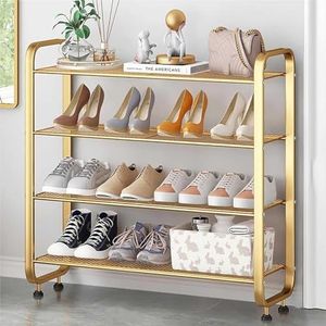 Bamboe schoenenkast met opklapbare deuren Vrijstaande schoenenrek organizer for laarzen Hakken Pantoffels Slanke schoenenopbergrek for entree, hal, woonkamer 70x17x87cm(Gold,4Tier)