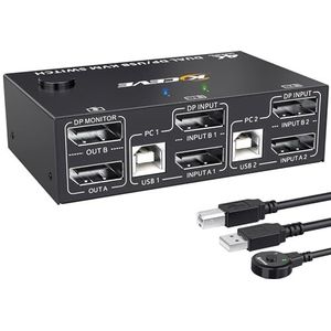 YOUTINGHDAV KVM Switch Dual Monitor 4K@144Hz Extended Display KVM Switch 2 PC 2 Monitors Displayport 1.4 Share 4 USB-enheter, med 2 DP-kablar och 2 USB-kablar