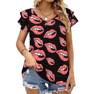 Pink Girl Lip Casual Tuniek Tops Ruches Korte Mouw T-shirts V-hals Blouse Tee