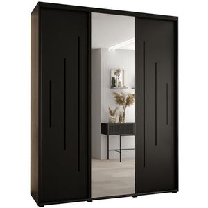 MEBLE KRYSPOL Davos 13 200 Kledingkast met drie schuifdeuren voor slaapkamer - Moderne Kledingkast met spiegel, kledingroede en planken - 235,2x200x60 cm - Zwart Zwart Zwart