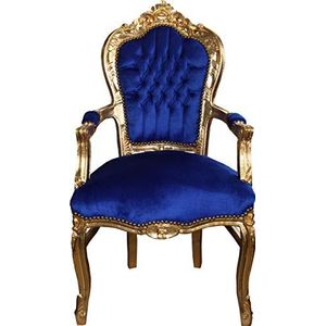 Casa Padrino Barok Eetkamerstoel Blauw/Goud met Armsteunen - Stoel - Barok Stoel - Meubels