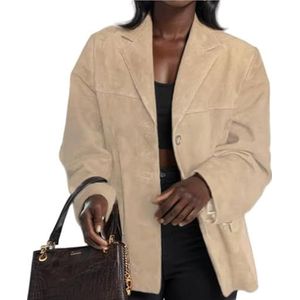 Plus-size suède jas for dames casual imitatieleren jas met knopen herfstmodeblazer(Beige,3XL)