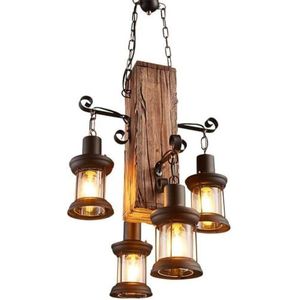 Retro hanglamp, E27-fittingen, hout, vintage en industriële hanglamp, creatief en antiek, geeft persoonlijkheid aan de eetkamer of woonkamer, in hoogte verstelbaar, ijzer en glas