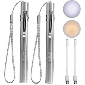 Set van 2 lichtpennen, medisch licht, verpleegster, USB-pen, oplaadbaar, led, zaklamp, roestvrij staal, zaklamp met clip en koord, voor artsen, studenten, artsen