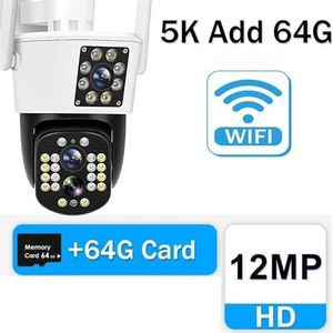 Bewakingscamera, 5K 12MP IP-camera Buiten Beveiliging met drie lenzen WiFi-bewakingscamera's 10X zoom Bewegingsdetectie CCTV 360 ° PTZ-cam(5K Whith Add 64GB)