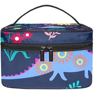 Hondenpoot prints en botten make-up tas voor vrouwen meisjes cosmetische tassen met handvat reizen make-up organizer tas, Dinosaurussen Blauw Patroon, 8.9x5.9x5.4 Inches, Make-up zakje