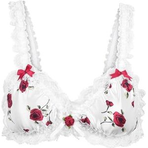 Satini Sissy Frilly Kant Getailleerd Satijn Bralette BH (Wit - Rode rozen, L)