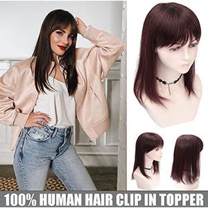 Natuurlijke Zijde Base Hoofd Spin Topper Clin in Rechte Kroon Haarstukje Menselijk Haar Pruiken Met Fringe 30cm Donkerbruin